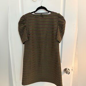 Anna Cate Striped Puff-Sleeve Mini Dress in Black, Pink and Yellow